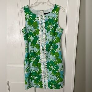 Kensie Green & Blue Floral Print White Crochet Sleeveless Shift Dress Size 8